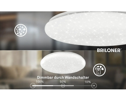 Stropné LED svietidlo Briloner s efektom hviezdnej oblohy, stmievateľné vypínačom na 100 percent, 50 percent a 10 percent. Briloner Logo.