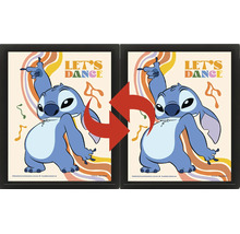 Trojrozmerný lentikulárny obraz v čiernom ráme s tancujúcou postavičkou Disney Stitch, nápisom Let s Dance a retro prvkami.