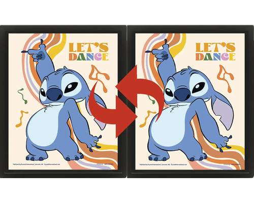 Trojrozmerný lentikulárny obraz v čiernom ráme s tancujúcou postavičkou Disney Stitch, nápisom Let s Dance a retro prvkami.