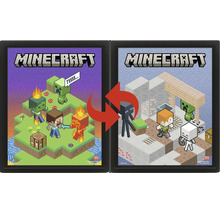 Súprava rámov Minecraft s dvoma čiernymi rámami a obojstrannými plagátmi Steva, Alex a ďalších herných postáv.