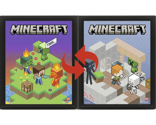Súprava rámov Minecraft s dvoma čiernymi rámami a obojstrannými plagátmi Steva, Alex a ďalších herných postáv.