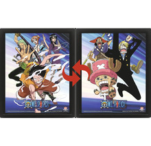 Lentikulárny plagát One Piece v čiernom ráme s meniacim sa efektom, zobrazuje rôzne postavy a One Piece Logo.