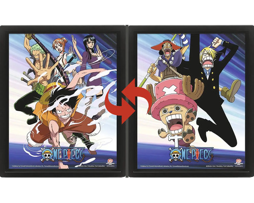 Lentikulárny plagát One Piece v čiernom ráme s meniacim sa efektom, zobrazuje rôzne postavy a One Piece Logo.