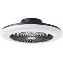 Moderný stropný ventilátor s integrovaným LED osvetlením, kruhový dizajn, plastové puzdro s lamelovou mriežkou.