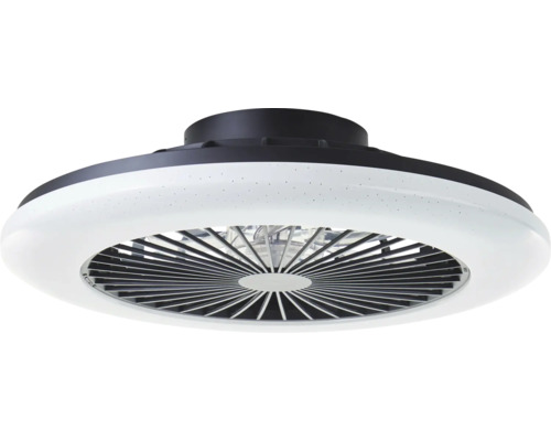 Moderný stropný ventilátor s integrovaným LED osvetlením, kruhový dizajn, plastové puzdro s lamelovou mriežkou.