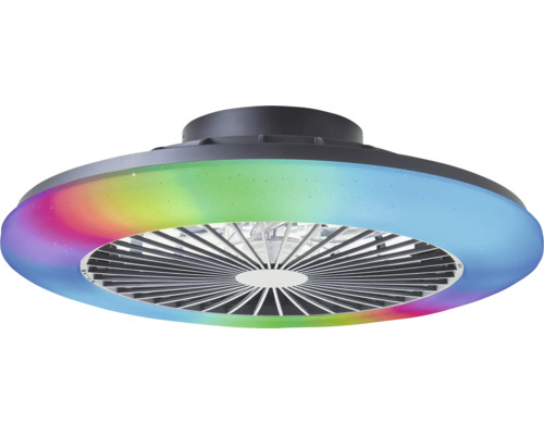 Moderný stropný ventilátor s integrovaným LED svetelným kruhom v dúhových farbách a centrálnou mriežkou pred lopatkami ventilátora.