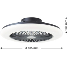 Čierny stropný ventilátor s bielym LED osvetlením, priemer 485 milimetrov, výška 137 milimetrov.