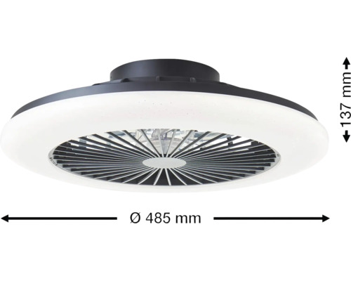 Čierny stropný ventilátor s bielym LED osvetlením, priemer 485 milimetrov, výška 137 milimetrov.