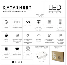 Technický list LED zrkadla: stmievač, dotykový senzor, 2750 až 6500 Kelvinov, ochrana IP 44, hliníkový rám, životnosť 50000 hodín, NIMCO Logo.