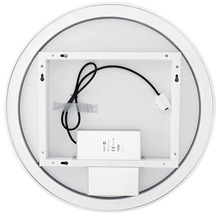 Zadný pohľad na okrúhle LED zrkadlo s rámom, montážnymi bodmi, napájacím káblom, LED ovládačom a Nimco Logo.
