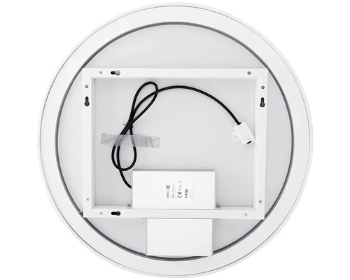 Zadný pohľad na okrúhle LED zrkadlo s rámom, montážnymi bodmi, napájacím káblom, LED ovládačom a Nimco Logo.