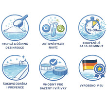 Údržba bazéna: Dezinfekcia, kyslík, kúpanie za 15 až 30 minút, šoková údržba, pre bazény a vírivky, vyrobené v Európskej únii.