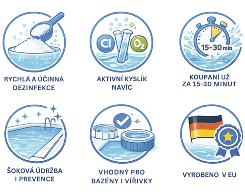 Údržba bazéna: Dezinfekcia, kyslík, kúpanie za 15 až 30 minút, šoková údržba, pre bazény a vírivky, vyrobené v Európskej únii.
