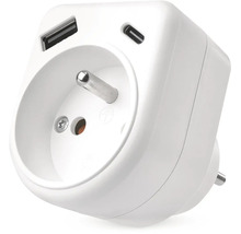 Biely zásuvkový adaptér s jednou zásuvkou a portami USB-A a USB-C z plastu.