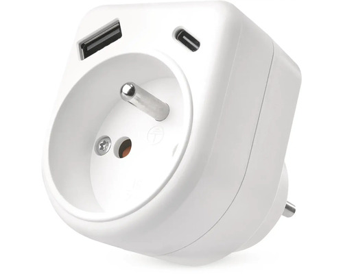 Biely zásuvkový adaptér s jednou zásuvkou a portami USB-A a USB-C z plastu.