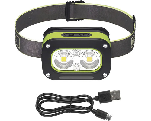 Nabíjacia LED čelovka s dvoma LED diódami, nastaviteľným elastickým popruhom a nabíjacím káblom USB.