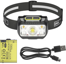 LED čelovka EMOS s batériou 1000 miliampérhodín, USB-C káblom a nastaviteľným reflexným popruhom.