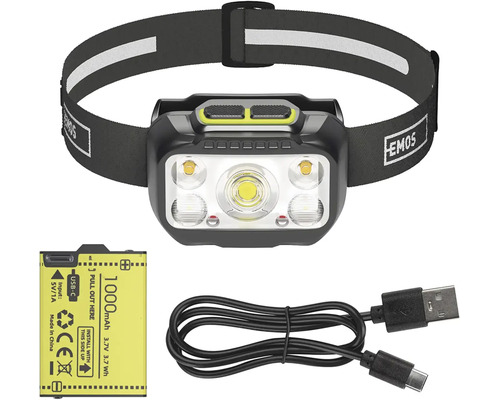 LED čelovka EMOS s batériou 1000 miliampérhodín, USB-C káblom a nastaviteľným reflexným popruhom.