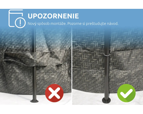 Montážne pokyny: Nový spôsob montáže. Pozorne si prečítajte návod. Porovnanie správneho a nesprávneho upevnenia bazénových podpier.