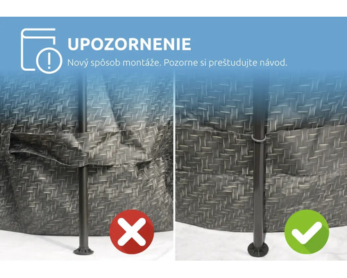 Montážne upozornenie: Porovnanie nesprávneho a správneho upevnenia bazénovej tyče. Pozorne si preštudujte návod pre nový spôsob montáže.