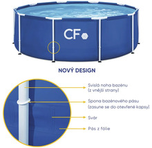 Okrúhly nadzemný bazén s detailmi zvislej nohy, spony, zvaru a pásu z fólie, CF Logo.
