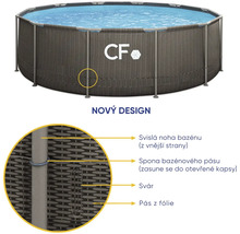CF Logo na okrúhlom nadzemnom bazéne s konštrukciou a ratanovým vzorom, nový dizajn, s detailom zvislej nohy, spony, zvaru a pásu z fólie.