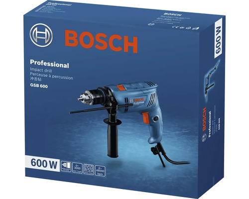 Príklepová vŕtačka Bosch Professional GSB 600 v originálnom balení s výkonom 600 wattov.