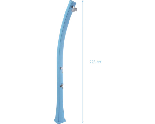 Modrá zahnutá solárna sprcha s dažďovou hlavicou, pákovou batériou a kohútikom na nohy, výška 223 centimetrov.