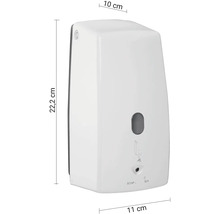 Nástenný dávkovač mydla z plastu s rozmermi: výška 22,2 cm, šírka 11 cm a hĺbka 10 cm.