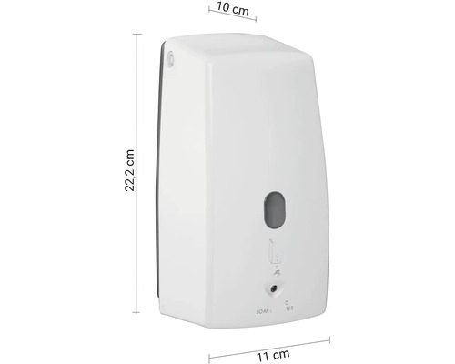 Nástenný dávkovač mydla z plastu s rozmermi: výška 22,2 cm, šírka 11 cm a hĺbka 10 cm.