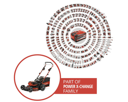 Kosačka na trávu Einhell ako súčasť akumulátorového systému Power X-Change s mnohými kompatibilnými elektrickými nástrojmi a záhradnou technikou.