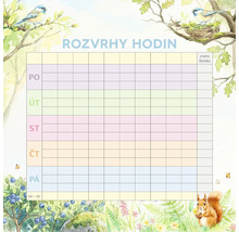 Rozvrh hodín pre školákov s ilustráciami lesa, veveričky, vtákov a čučoriedok v akvarelovom štýle.