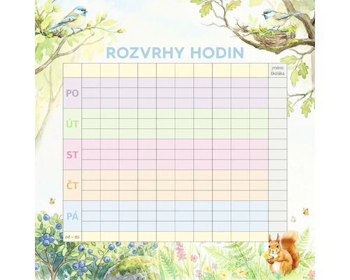 Rozvrh hodín pre školákov s ilustráciami lesa, veveričky, vtákov a čučoriedok v akvarelovom štýle.