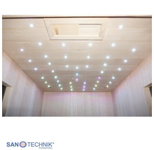 Saunový strop zo svetlého dreva s integrovaným LED hviezdnym nebom a drevenou ventilačnou šachtou. Sanotechnik International Logo.