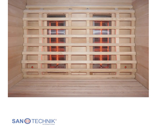 Infrasauna s dvoma žiaričmi za dreveným operadlom a logom Sanotechnik International.