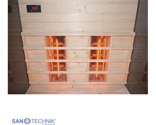 Infrasauna Sanotechnik s dvoma infražiaričmi za dreveným obložením a digitálnym ovládacím panelom.