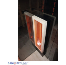 Infražarič s dreveným rámom a ochrannou mriežkou pre sauny a infrasauny, Sanotechnik Logo.
