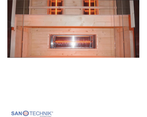 Infrasauna zo svetlého dreva so zapnutými infračervenými žiaričmi pod lavicou a na zadnej stene. Sanotechnik International Logo.