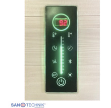 Digitálny ovládací panel Sanotechnik pre saunu s ukazovateľom teploty, času, svetla a Bluetooth. Sanotechnik International Logo.
