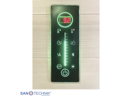 Digitálny ovládací panel Sanotechnik pre saunu s ukazovateľom teploty, času, svetla a Bluetooth. Sanotechnik International Logo.