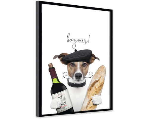 Zarámovaný obraz Jack Russell teriéra s baretom, fúzmi, fľašou vína a bagetou a nápisom bonjour.