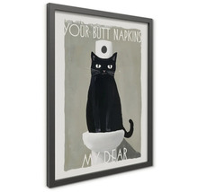 Zarámovaný obraz s ilustráciou čiernej mačky na toalete a textom Your Butt Napkins My Dear.