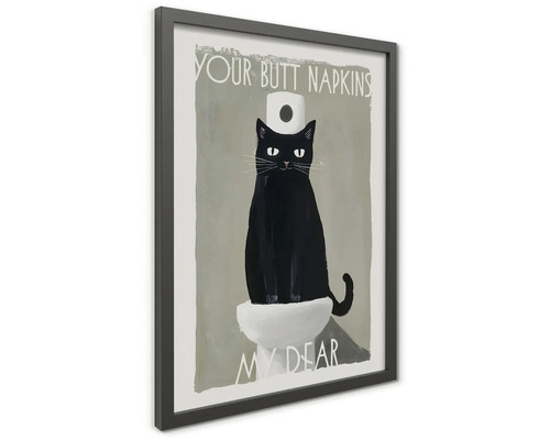 Zarámovaný obraz s ilustráciou čiernej mačky na toalete a textom Your Butt Napkins My Dear.
