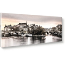 Obraz na plátne s panoramatickým výhľadom na Paríž, Seinu a mosty v sépiovom prevedení.