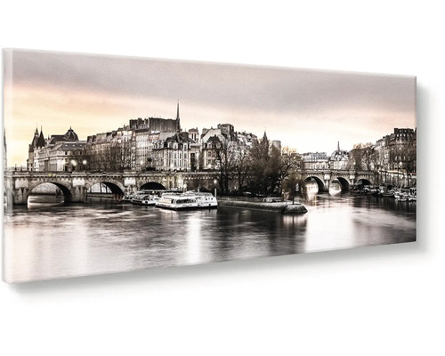 Obraz na plátne s panoramatickým výhľadom na Paríž, Seinu a mosty v sépiovom prevedení.
