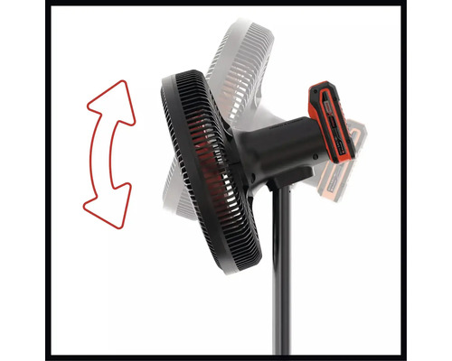 Čierny akumulátorový ventilátor Einhell s naklápacou hlavou a batériou Power X-Change.