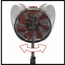 Stojanový ventilátor Einhell s oscilačnou hlavou, zobrazenie rozsahu otáčania zľava doprava.