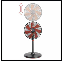 Výškovo nastaviteľný stojanový ventilátor Einhell s ochrannou mriežkou a okrúhlym podstavcom. Einhell Logo.