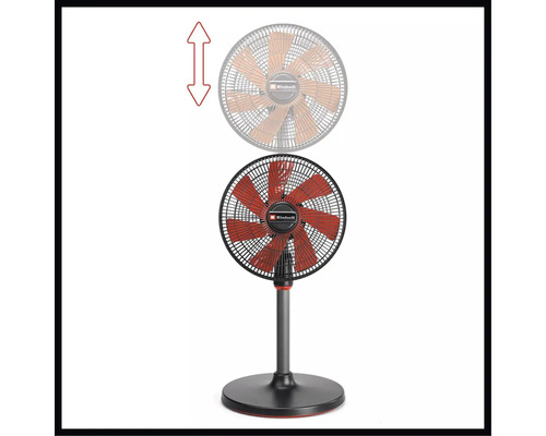 Výškovo nastaviteľný stojanový ventilátor Einhell s ochrannou mriežkou a okrúhlym podstavcom. Einhell Logo.
