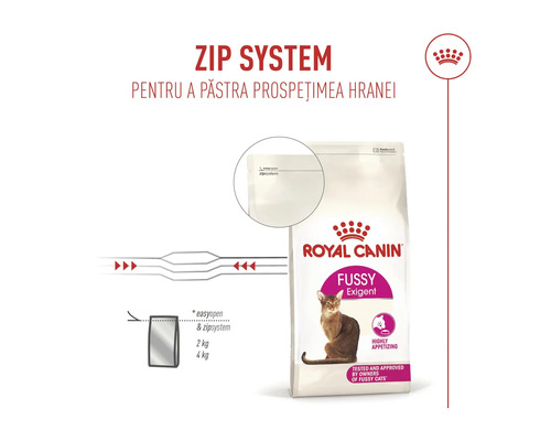 Krmivo pre mačky Royal Canin Fussy Exigent so zipsovým uzáverom na zachovanie čerstvosti potravy.